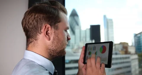 Businessman Check Data Pie Chart Bad Sales Results Digital Tablet London Skyline Stock Footage 70686542