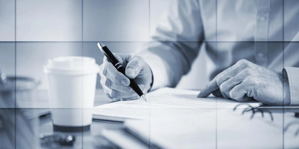 Businessman checking a document, geometric pattern Stock Photos