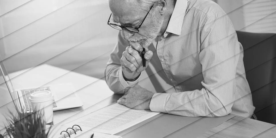 Businessman checking a document, geometric pattern Stock Photos