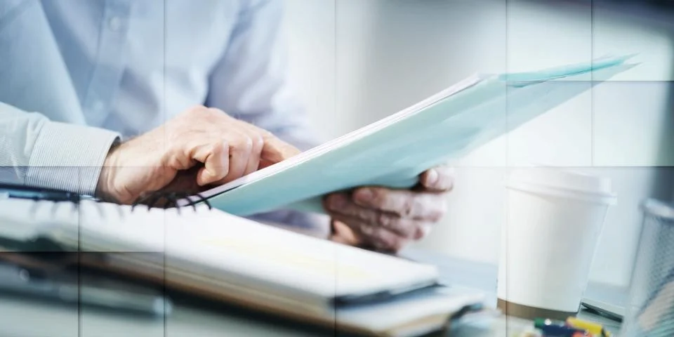 Businessman checking a document, geometric pattern Stock Photos