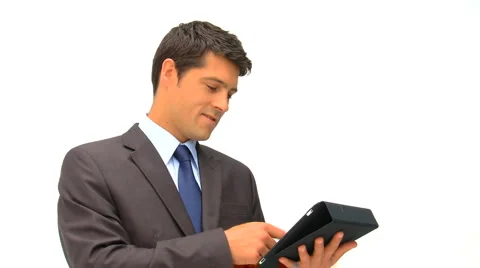 Businessman checking his touch pad against a white background Vidéo 1098103