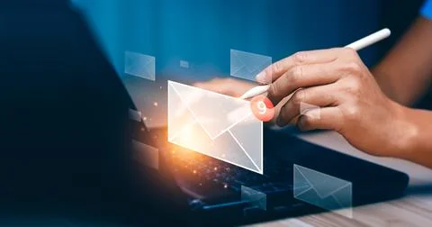 Businessman checking message box on laptop and send email. email marketing .. Illustration
