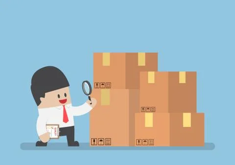 Businessman checking parcel box by magnifying glass イラスト素材