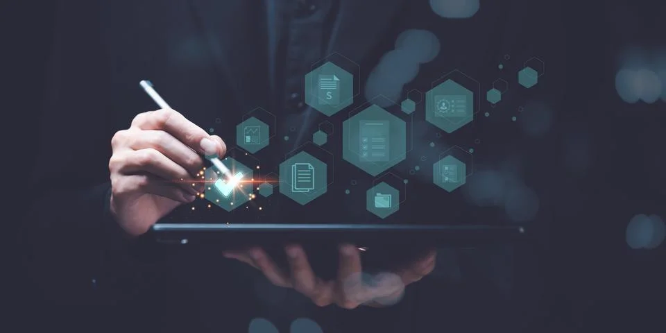 Businessman checking the steps through document with a list of checkboxes ,.. Stock Photos