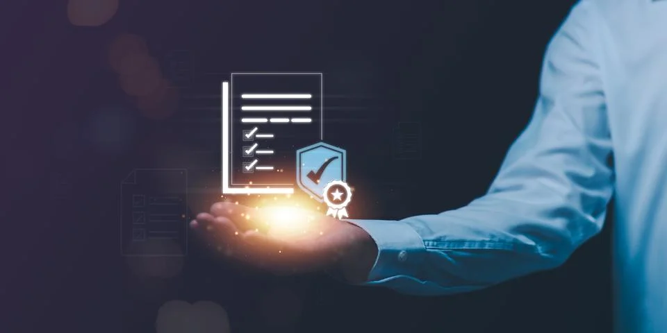 Businessman checking steps through document with a list of checkboxes ,regu.. Stock Photos