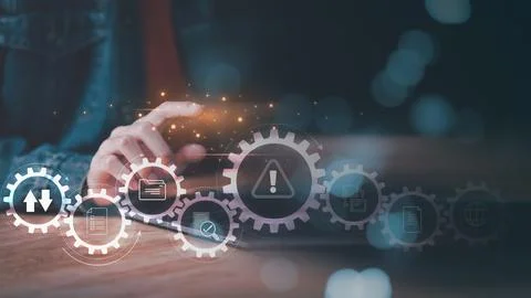 Businessman checking the steps through a virtual online document with a lis.. Stock Photos