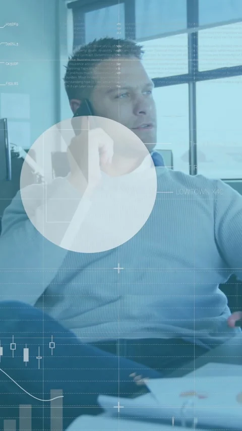 Businessman checking watch with data analytics animation over office environment Stock Footage 344285294