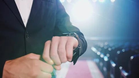 Businessman Checking Wrist Watch Before Going on Stage. Time Management Concept 스톡 동영상 337504897