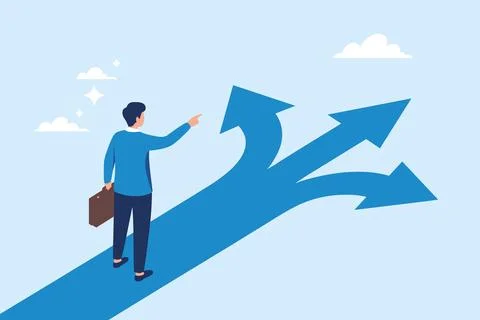 Businessman Choosing Direction on Multiple Path Arrows Concept. Stock Illustration
