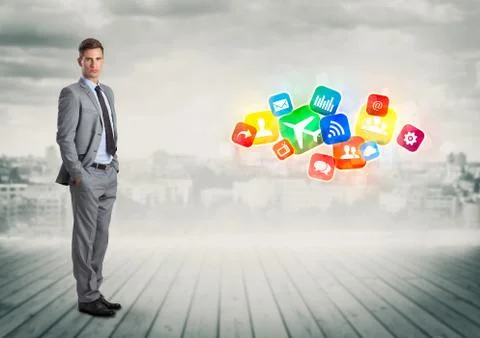 Businessman with  cityscape on the background Stock Illustration