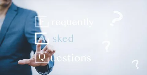 Businessman clicking FAQ or Frequently asked questions button on search toolb Stock Photos