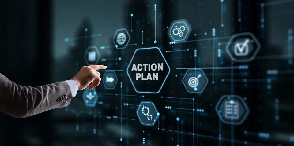 Businessman clicks action plan. Algorithm and strategy development business Stock Photos