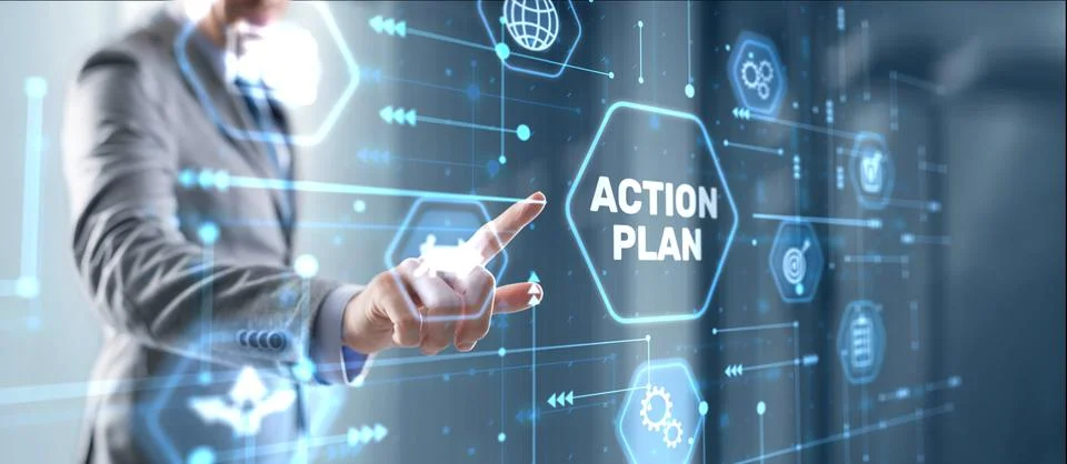 Businessman clicks action plan. Algorithm and strategy development business Stock Photos