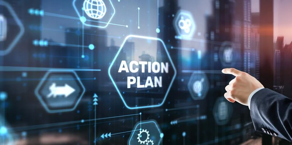 Businessman clicks action plan. Algorithm and strategy development business Stock Photos