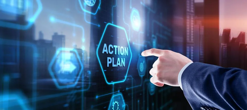 Businessman clicks action plan. Algorithm and strategy development business Stock Photos