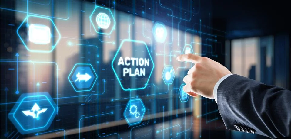 Businessman clicks action plan. Algorithm and strategy development business Stock Photos
