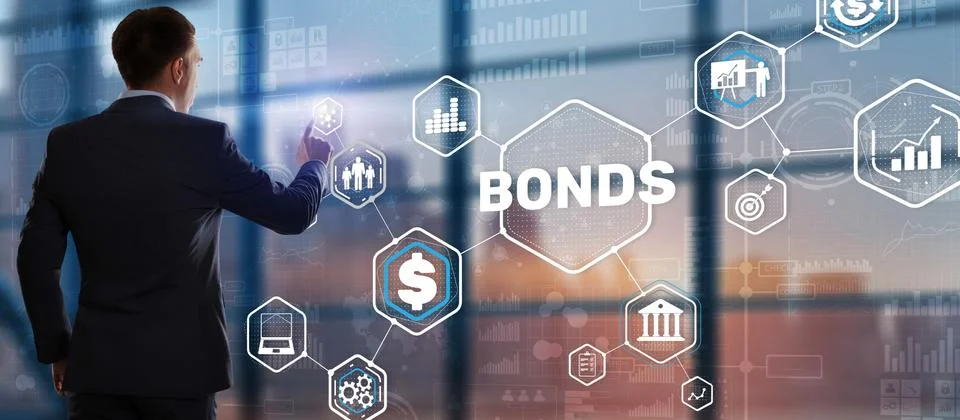 Businessman clicks inscription bonds. Bond Finance Banking Technology concept Stock Photos