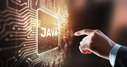 Businessman clicks Java programming language application concept on virtual Stock Photos