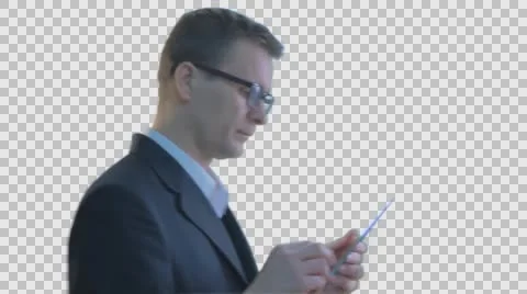 Businessman Clicks a Tablet Put it Into Pocket Holding Virtual Tablet Working Stock Footage 61144870