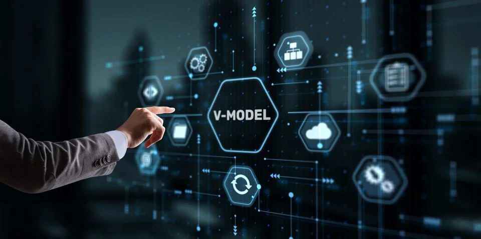 Businessman clicks V-Model, VEE. Information systems development model Stock Photos