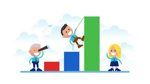 Businessman climbing on graph columns.	 Stock Illustration