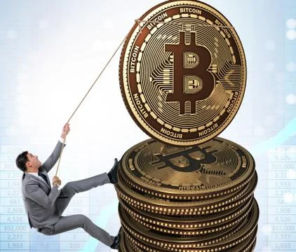 Businessman climbing the stack of bitcoins Stock Photos
