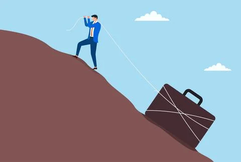 A businessman climbing uphill while pulling a heavy briefcase Stock Illustration