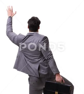 Businessman climbing virtual obstacle isolated on white Stock Photos