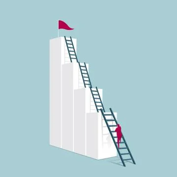 Businessman climbs up the chart using a ladder. Isolated on blue background. Illustrazione stock