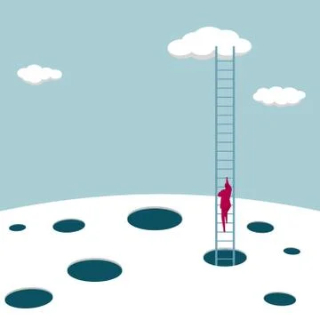 Businessman climbs the cloud from the trap. Use a ladder. Stock Illustration