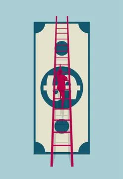 Businessman climbs dollar banknotes using ladder. Illustrazione stock