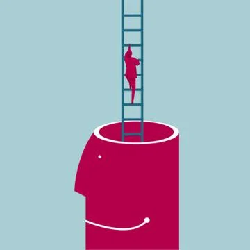 Businessman climbs out of the brain using a ladder. 스톡 일러스트