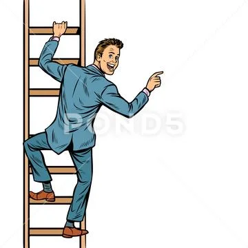 Businessman climbs stairs, man points to copy space Stock Illustration