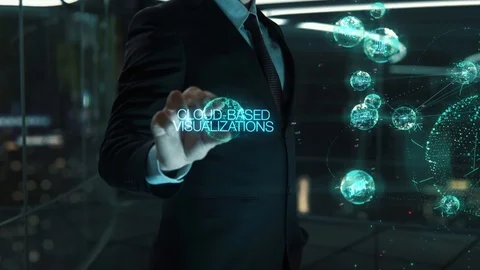 Businessman with Cloud-Based Visualizations hologram concept Stock Footage 121364163