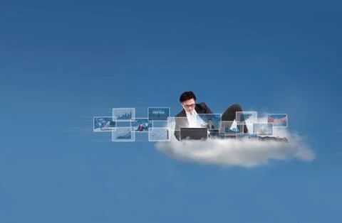 Businessman on cloud using internet 스톡 일러스트
