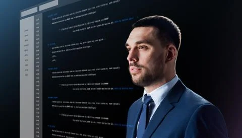 Businessman with coding on virtual screen Stock Photos