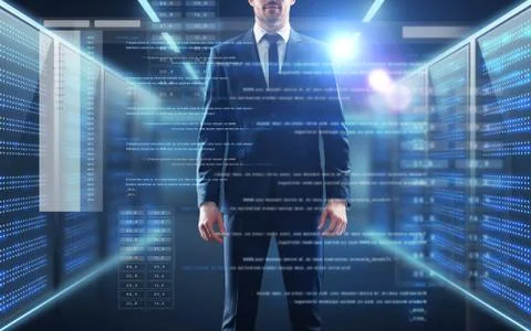 Businessman with coding on virtual screen Stock Photos