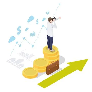 Businessman on coin stack looking through telescope, vector isometric Stock Illustration