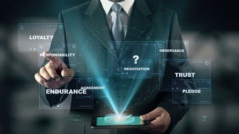 Businessman with Commitment hologram concept Stockbeeldmateriaal 74754102