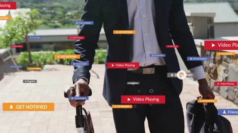 Businessman commuting, pushing bicycle, camera panning up, UI badges surrounding Stock Footage 334810911