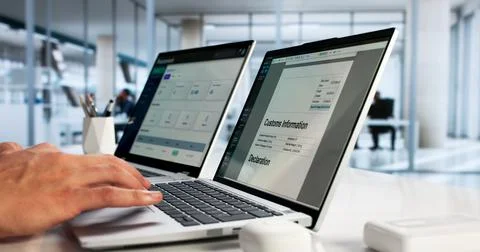 Businessman Completing Import Export Clearance Form On Laptop Computer Screen Stock Photos