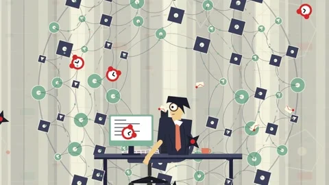 Businessman In Complex Network Of Nodes And Clocks Information Overload Stock Footage 340939604