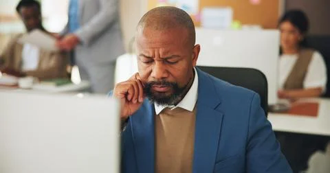 Businessman, computer and thinking with concern in office for 404 error, in.. Stock Photos