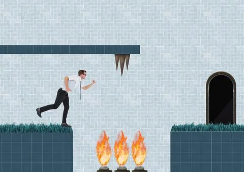 Businessman in Computer Game Level with fire and traps Stock Photos