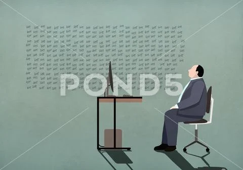 Businessman at computer looking at tally marks on wall Stock Illustration