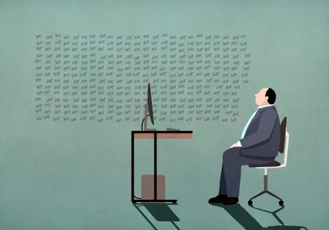 Businessman at computer looking at tally marks on wall Illustrazione stock