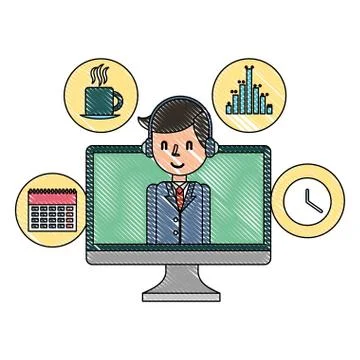 Businessman in computer office clock plan coffee cup Stock Illustration