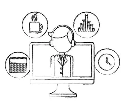 Businessman in computer office clock plan coffee cup Stock Illustration