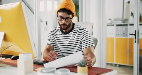 Businessman, computer or document at desk for creativity, article editing or Stock Footage 308535296