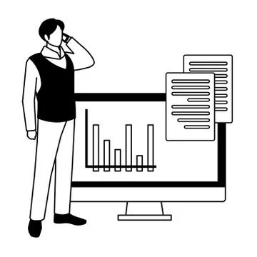 Businessman with computer screen in white background Illustrazione stock
